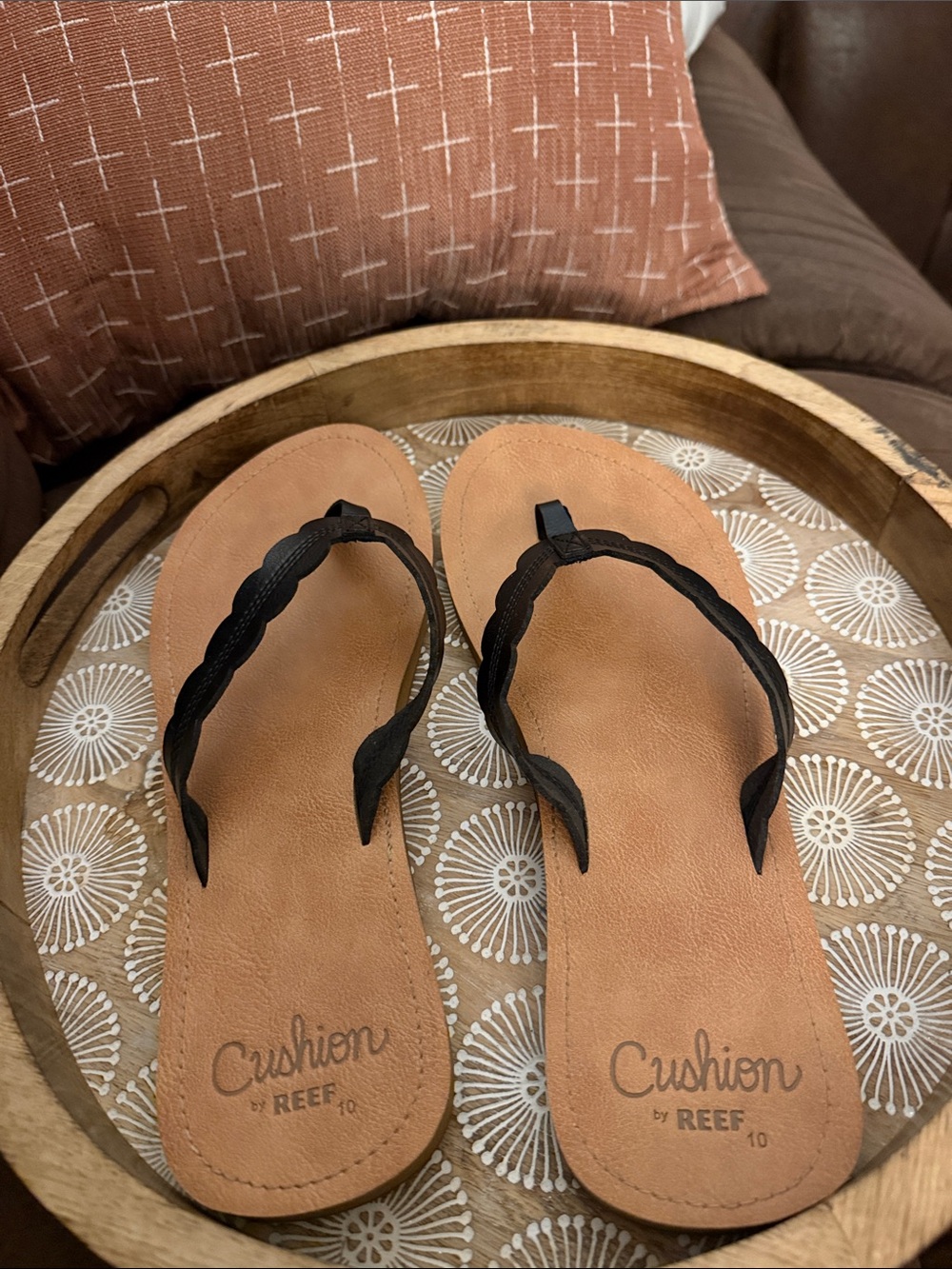 Reef Cushion Sandals with Black Braided Straps and Tan Footbed